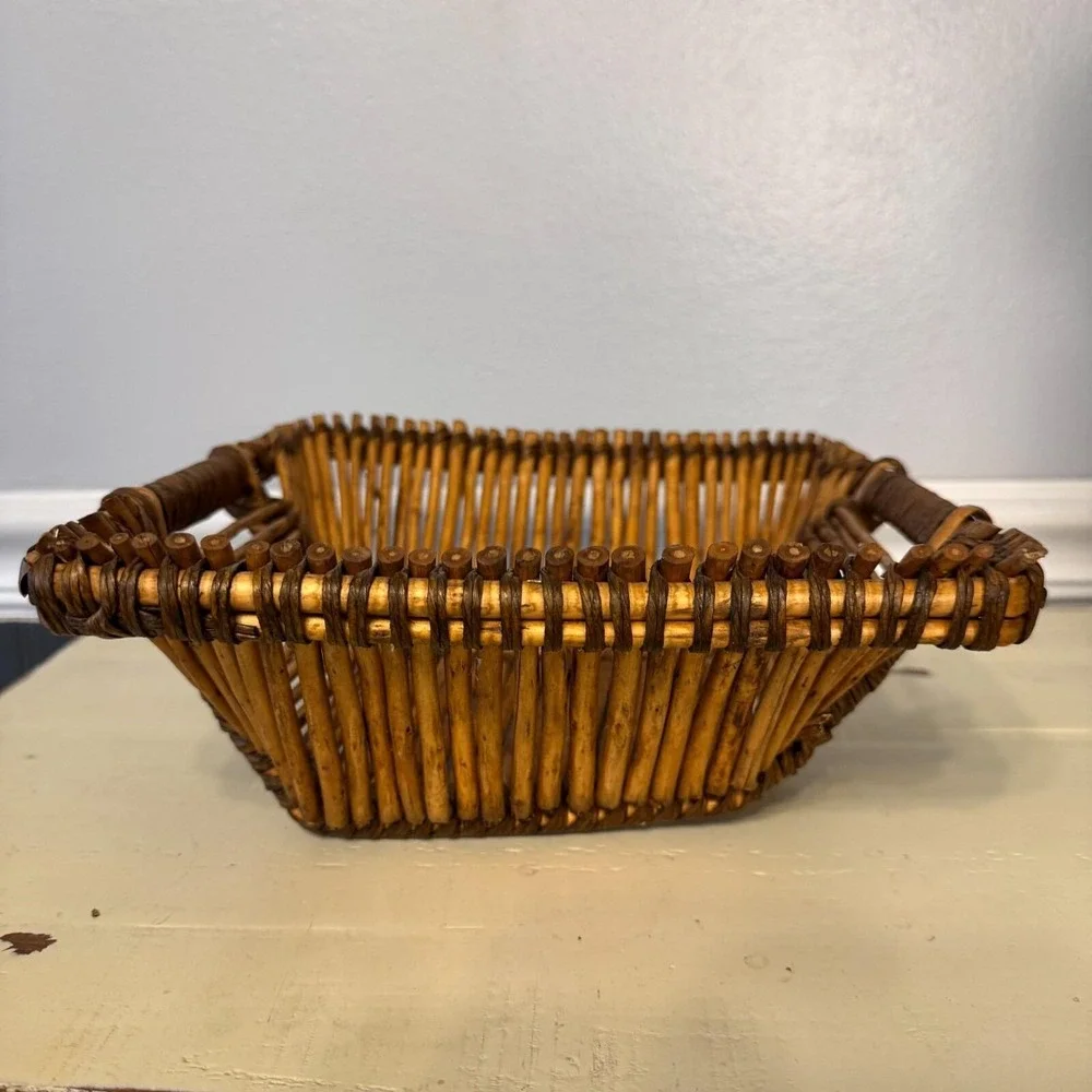 Vintage Pencil Reed Bamboo Square Basket Handles Two Tone MCM‎ Approximately 9